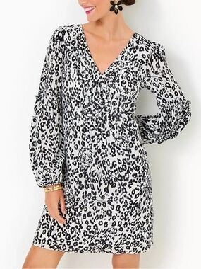 Lilly Pulitzer Cleme Silk Leopard Black White Long Sleeve Mini Dress Size 10